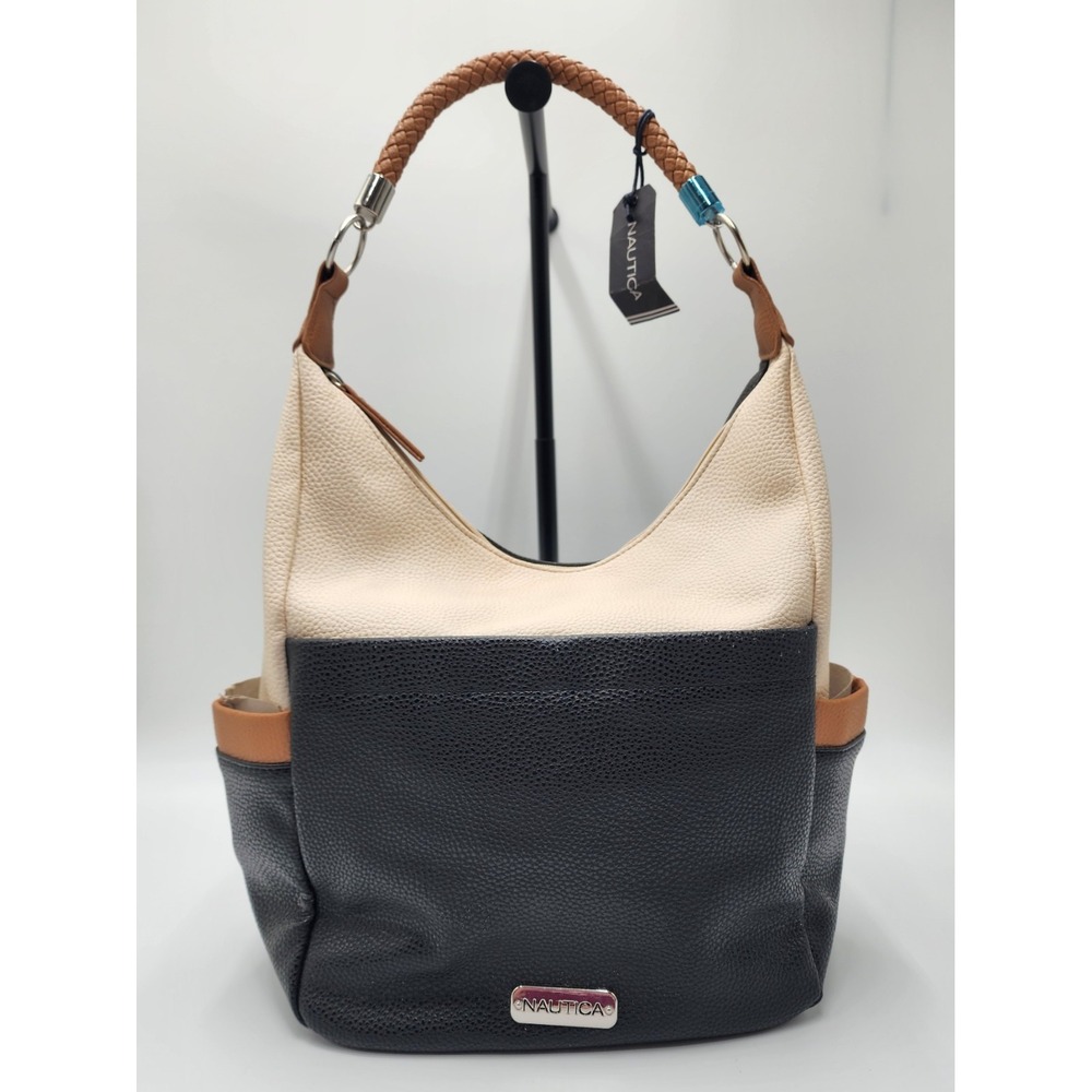 Nautica Hobo Colorblock Faux Leather Purse Cream/ Tan/ Black and Navy Y2K NWT